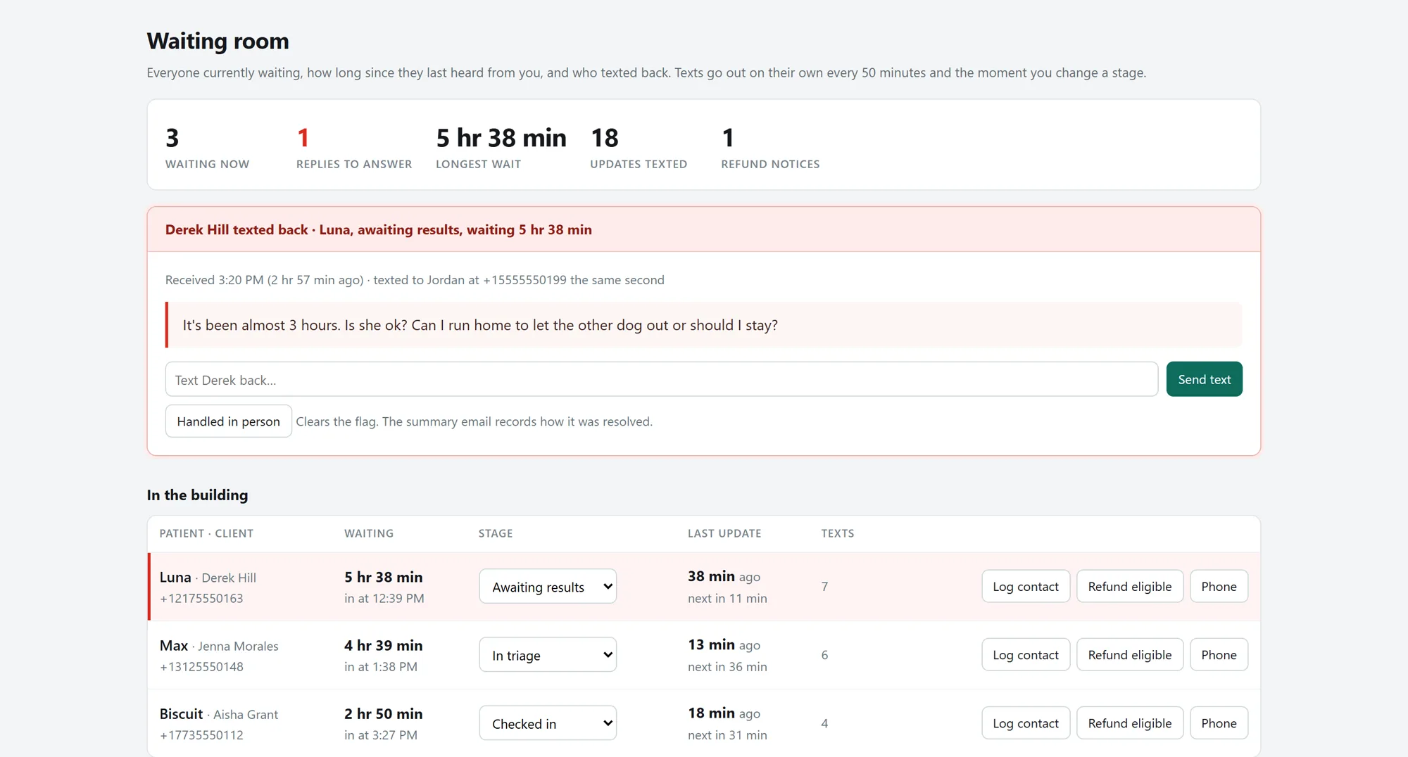 Demo dashboard listing waiting clients, time since their last update, and a client reply flagged at the top.