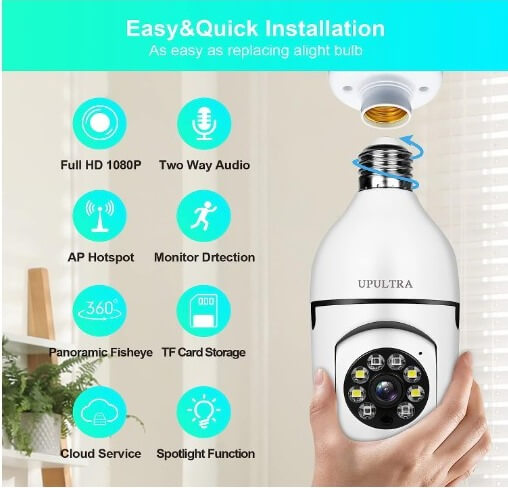 Upultra, home surveillance camera with WiFi can be installed using a regular E27 base (110V~240V),eliminating the need for calling professionals.