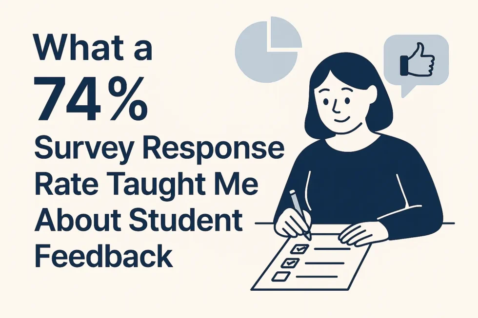Illustration showing a person analyzing student feedback and survey results, representing high response rate success for online course improvement.