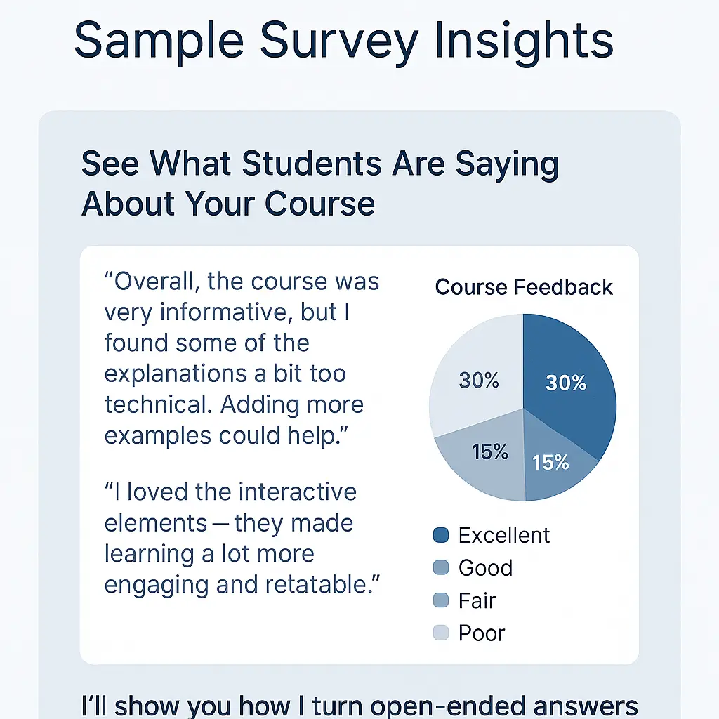 Sample survey service insights report showing visual charts and feedback summary, created by AdrianUX for online course creators.
