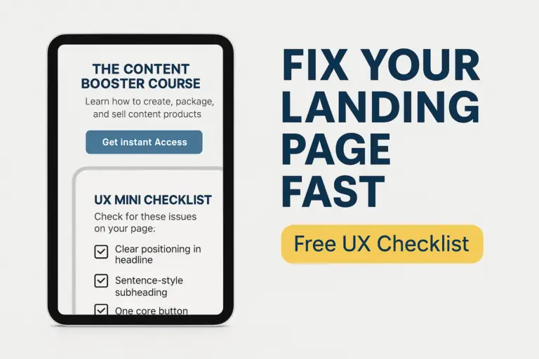 Promotional image for a free UX checklist titled 'Fix Your Landing Page Fast', featuring a digital layout with checklist elements and a mobile preview mockup.