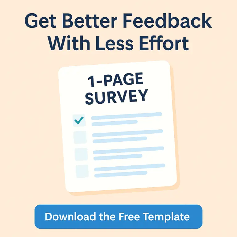 Promotional graphic for a 1-page survey template with a CTA to download a free feedback tool for creators.
