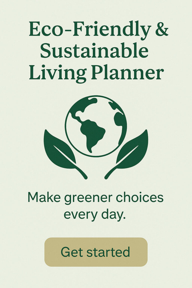 Promotional pin for a minimalist Eco-Friendly & Sustainable Living Planner. Includes icons for plant-based meals, energy tracking, and zero-waste shopping.