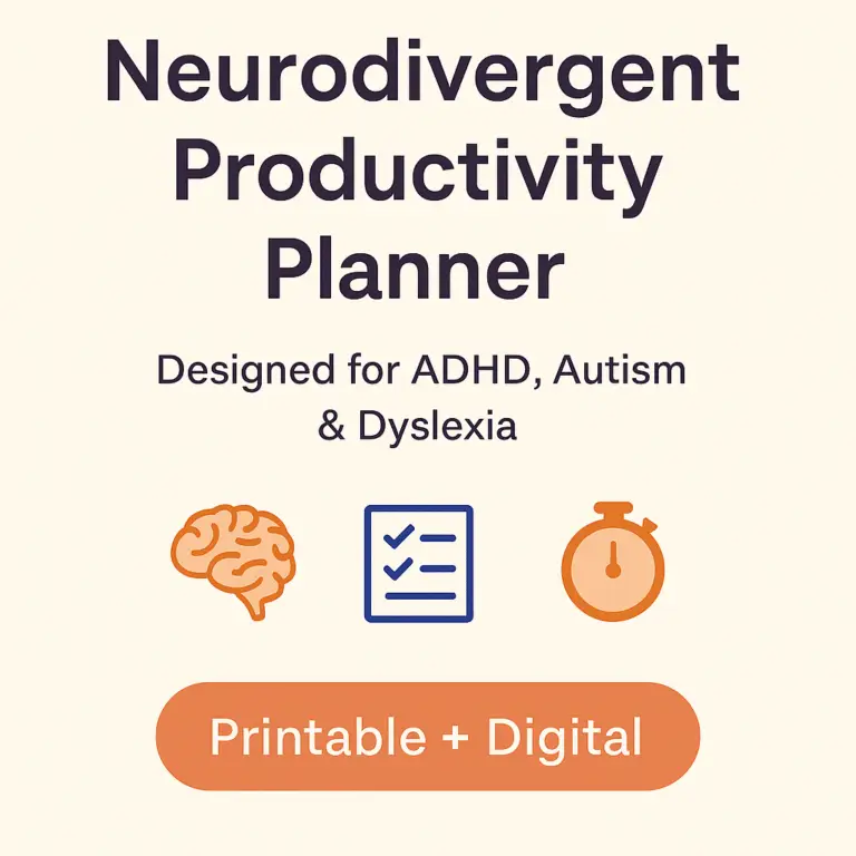 Cover of the Neurodivergent Productivity Planner showing a calm cream background, clean fonts, and icons representing routines, focus, and executive function.