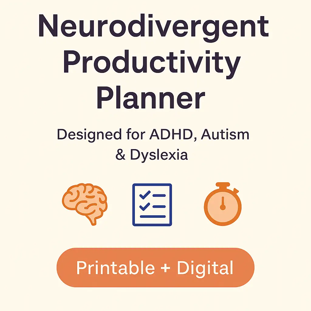 Cover of the Neurodivergent Productivity Planner showing a calm cream background, clean fonts, and icons representing routines, focus, and executive function.