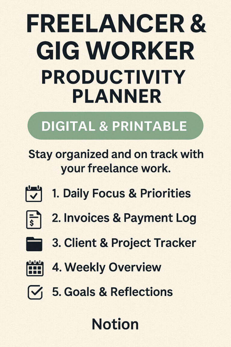 A clean, vertical image showing the “Freelancer & Gig Worker Productivity Planner” in a digital layout. Includes sections for invoice tracking, client projects, and weekly goals. Designed in calming colors for clarity and focus.