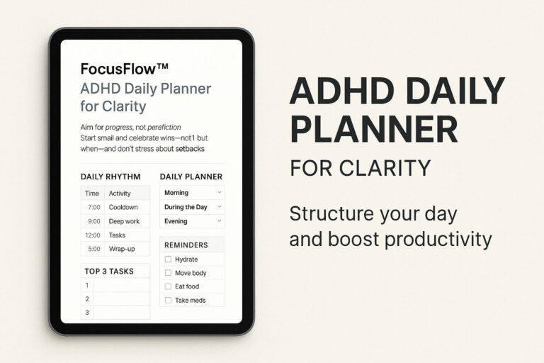 FocusFlow™ ADHD Daily Planner – clean digital layout for neurodivergent daily focus and structure