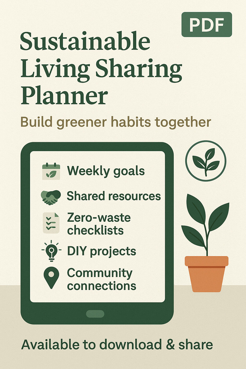 Cover image of eco-sharing planner with community focus and natural green tones