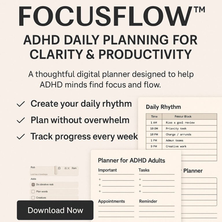 FocusFlow™ ADHD Daily Planner - minimal clean design preview of planner layout and features